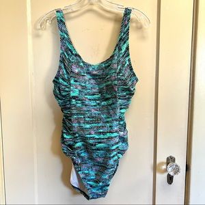 Speedo Womens 14 1-pcTank Swimsuit Blue Wave Pattern